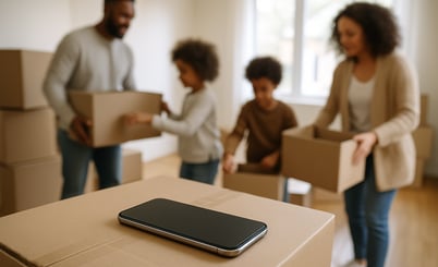 A family is in the process of moving, carrying cardboard boxes in a bright room. In the foreground, a smartphone is resting on one of the boxes. The family, consisting of two adults and two children, is slightly blurred in the background, smiling and engaged in the activity.